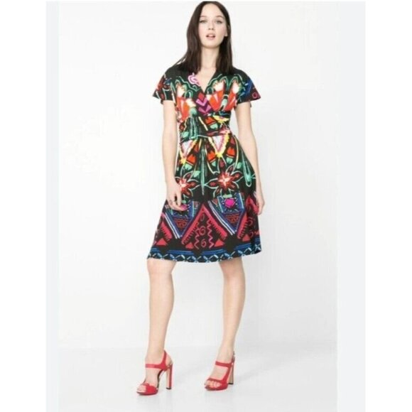 Desigual Dresses & Skirts - NWT Desigual Cleopatra Dress Size M Art To Wear Floral Bright V Neck Wrap Waist